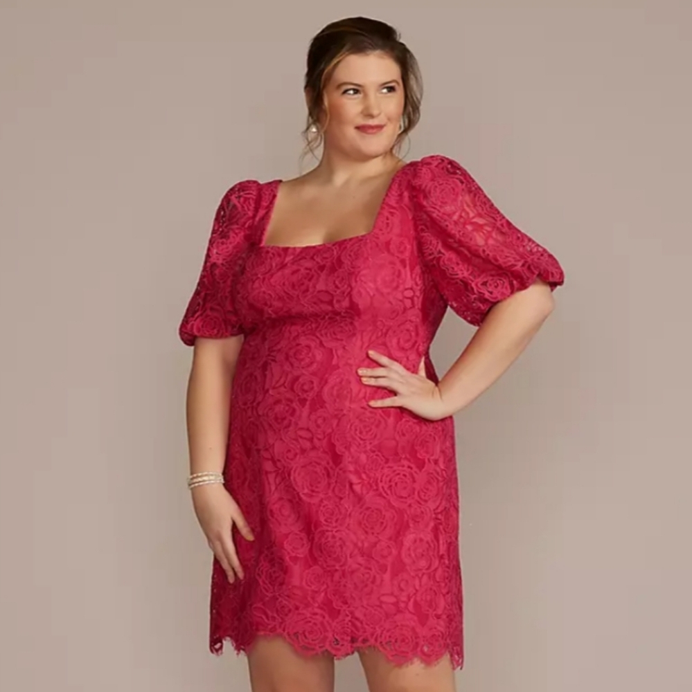DAVID'S BRIDAL: Puff Sleeved Lace Sheath Dress